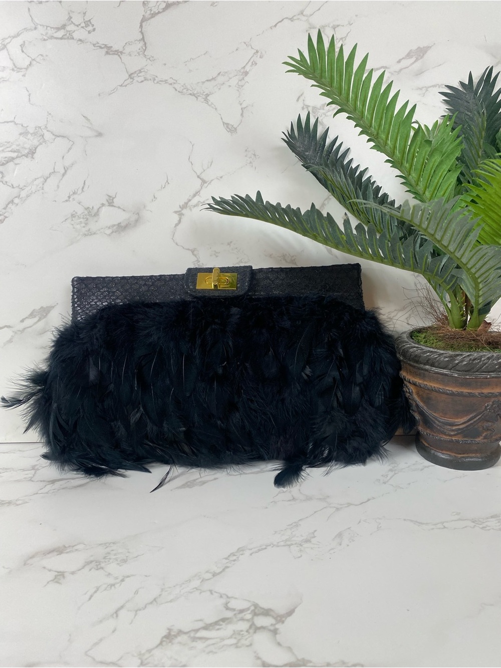 ASOS Black Feather Clutch with Gold-Tone Turn Lock